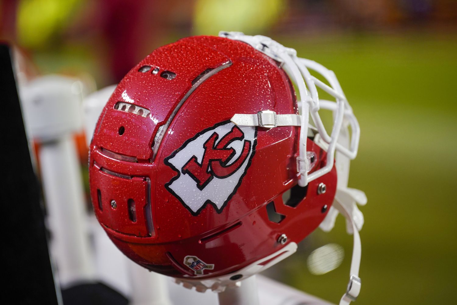 Nov 20, 2023; Kansas City, Missouri, USA; A general view of a Kansas City Chiefs helmet after the game against the Philadelphia Eagles at GEHA Field at Arrowhead Stadium. Mandatory Credit: Denny Medley-USA TODAY Sports  